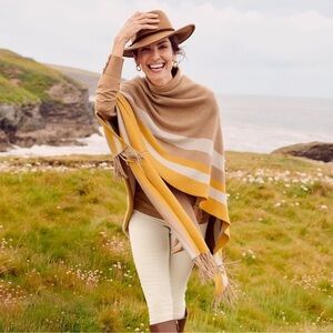 NWOT Talbots Tan Yellow Colorblock Knit Ruana Wrap Poncho Fringe, One Size
